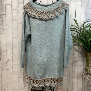 Shenanigans Vintage Oversized Sweater Hand Knit with Crochet Floral Cowlneck